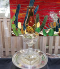 Greek Key Oil Lamp, Amber Glass Chimney (Circa 1900)
