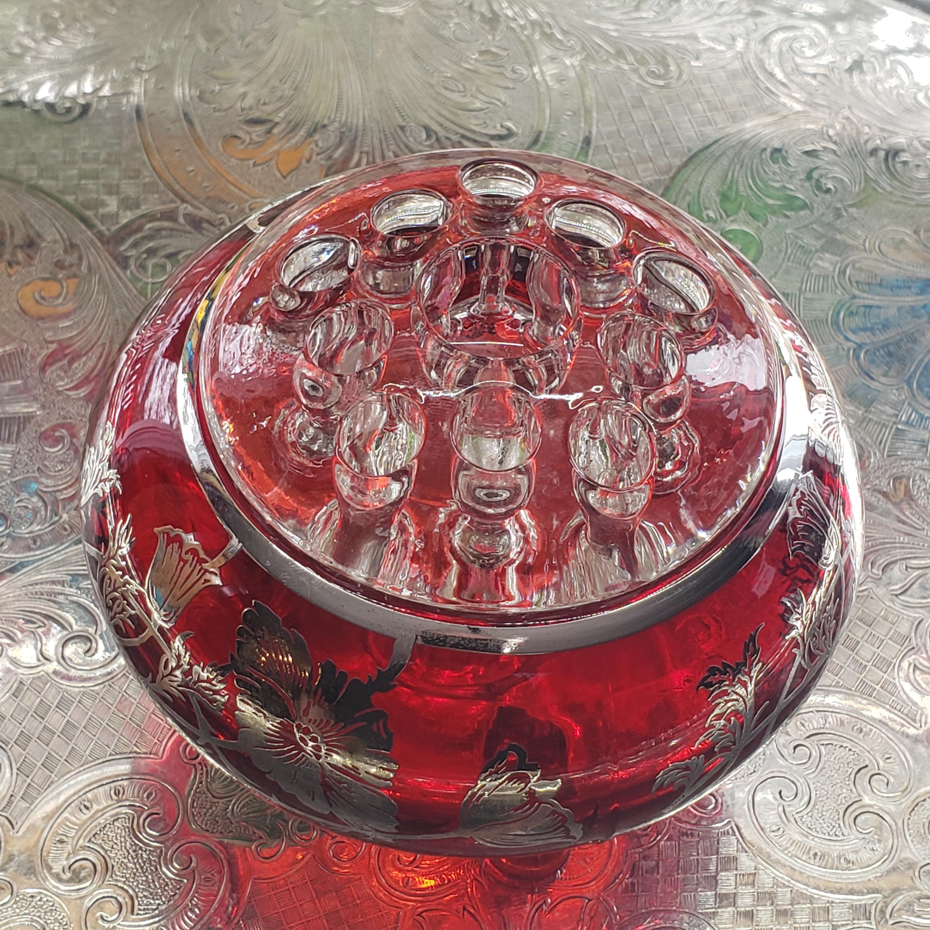 Ruby Red Viking Flowerlite Vase - Footed Bowl with Sterling Floral Design