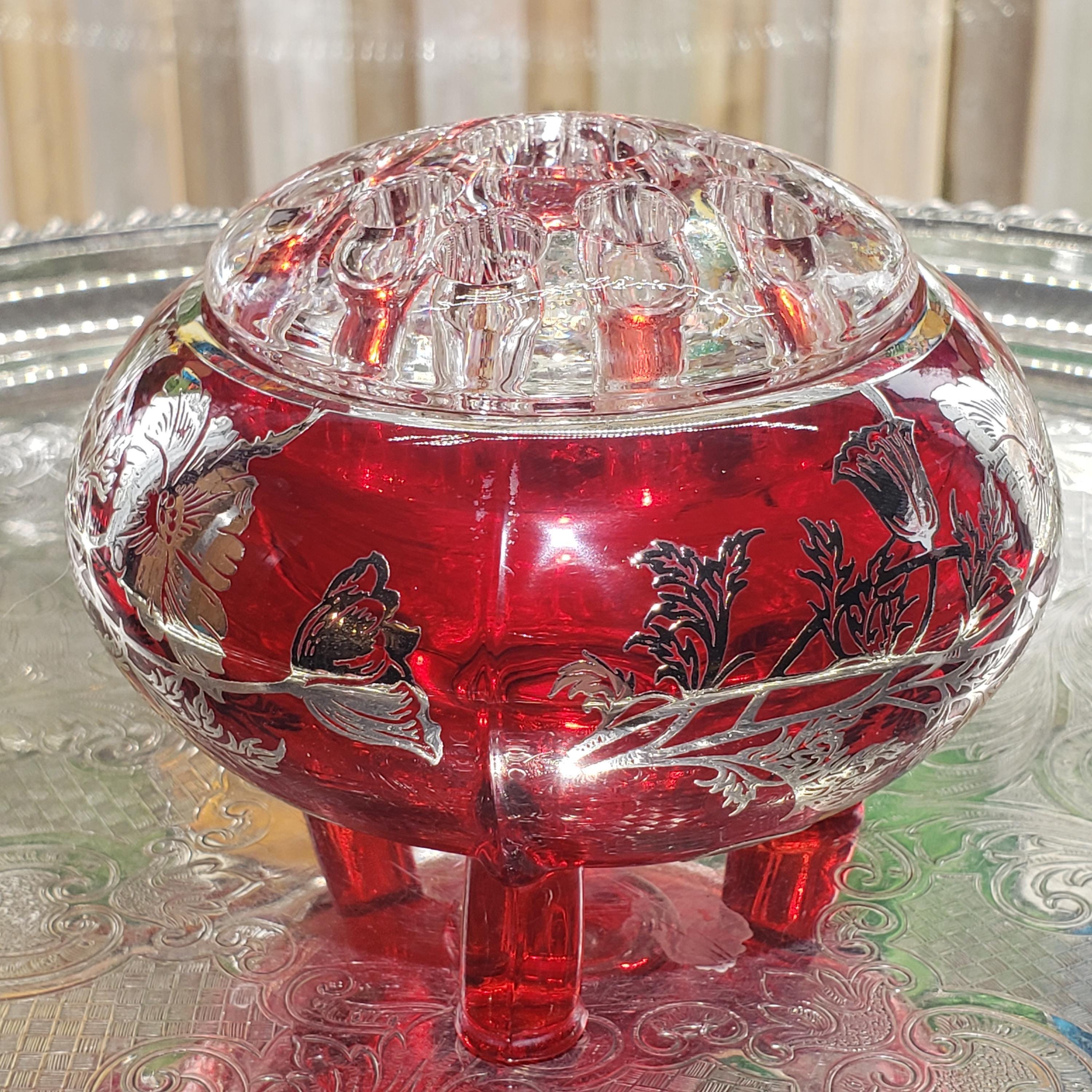 Ruby Red Viking Flowerlite Vase - Footed Bowl with Sterling Floral Design