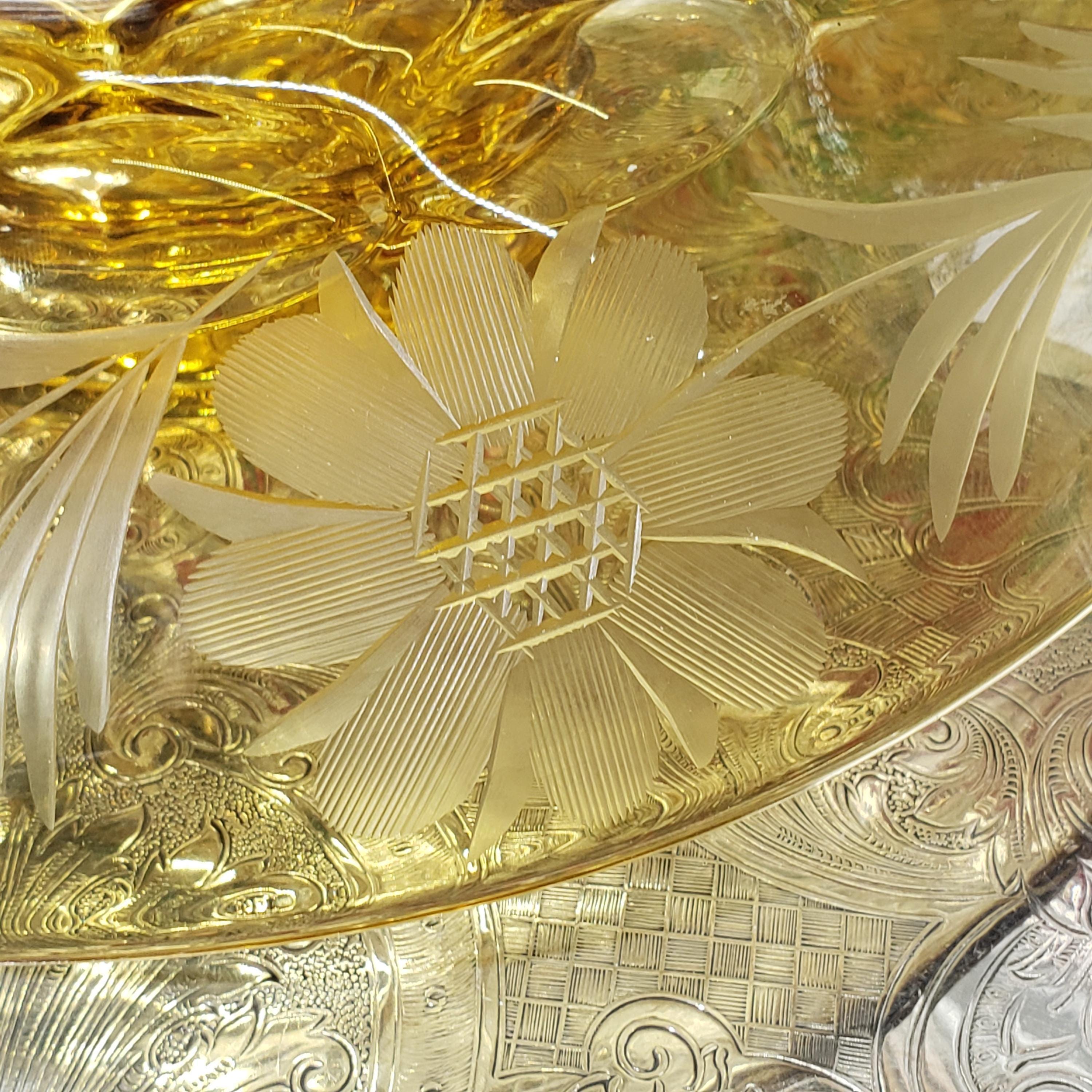 Amber Console Bowl - Hughes Cornflower Etched Honeycomb Glass