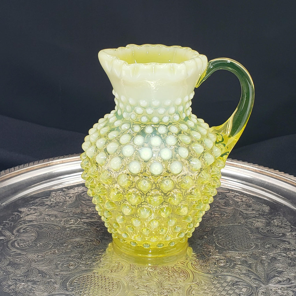 Uranium Glass Fenton Hobnail Syrup Jug - Topaz Opalescent Glass