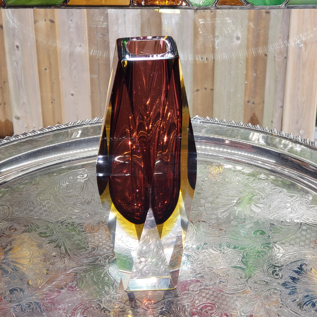 Murano Glass Vase: Flavio Poli Inspired Faceted Design (Amethyst & Amber)