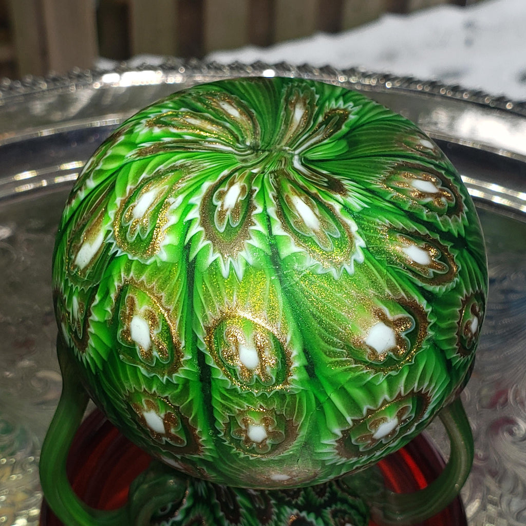 Murano Millefiori Glass Vase - Emerald Green Amphora with Handles
