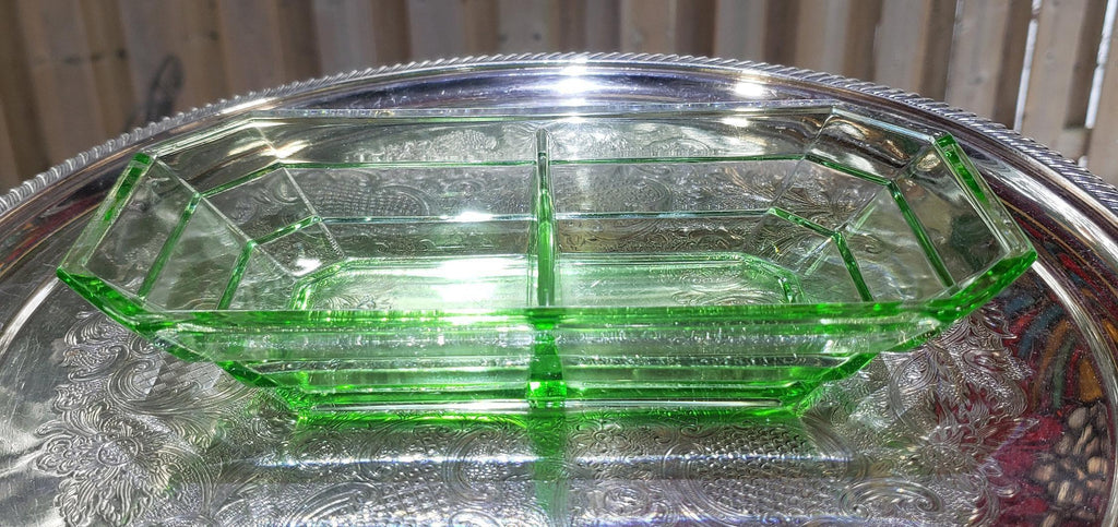 Tea Room Pattern - Uranium Glass Divided Relish Tray - Indiana Glass 1926-1931