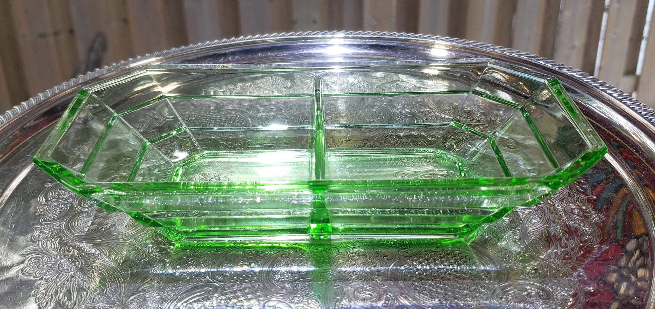 Tea Room Pattern - Uranium Glass Divided Relish Tray - Indiana Glass 1926-1931