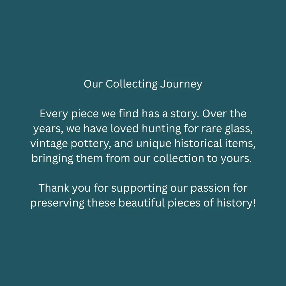 Text on dark teal background about a collecting journey for rare glass and vintage pottery.