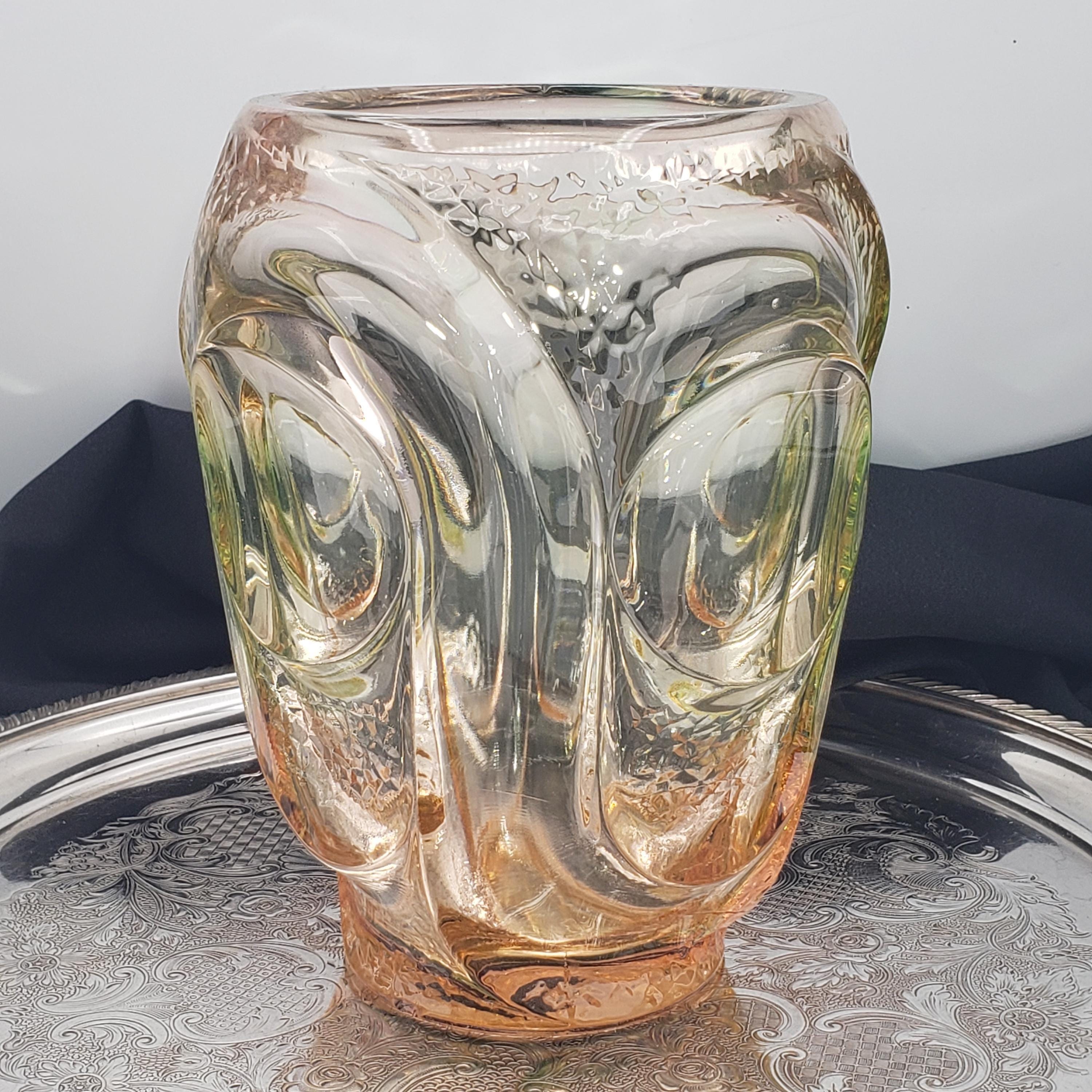 Uranium Glass Vase: Pink & Green Atlas, 1930s Art Deco