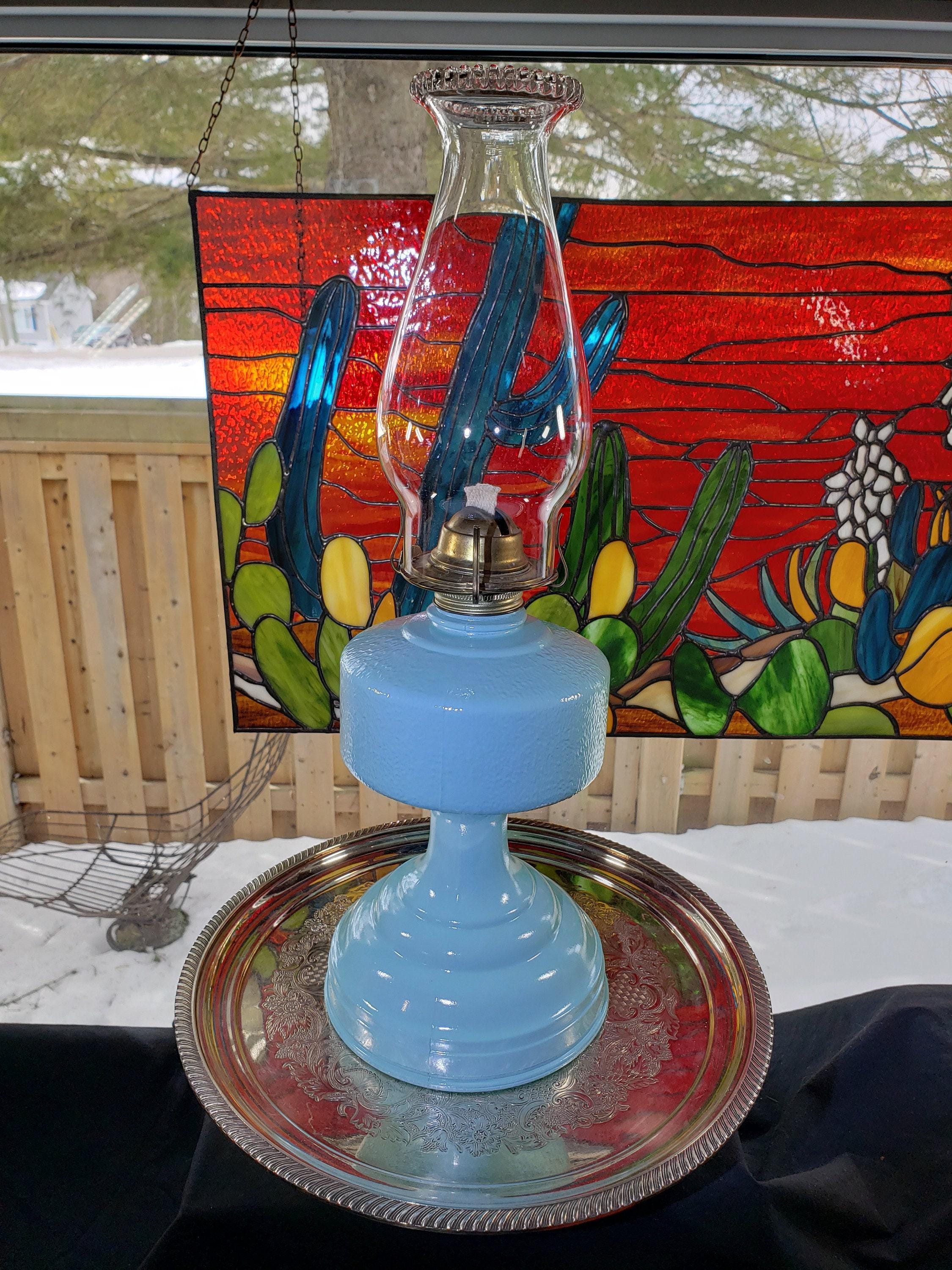 Glass Oil Lamp, Blue Ocean Breeze Painted (Mid-Century)