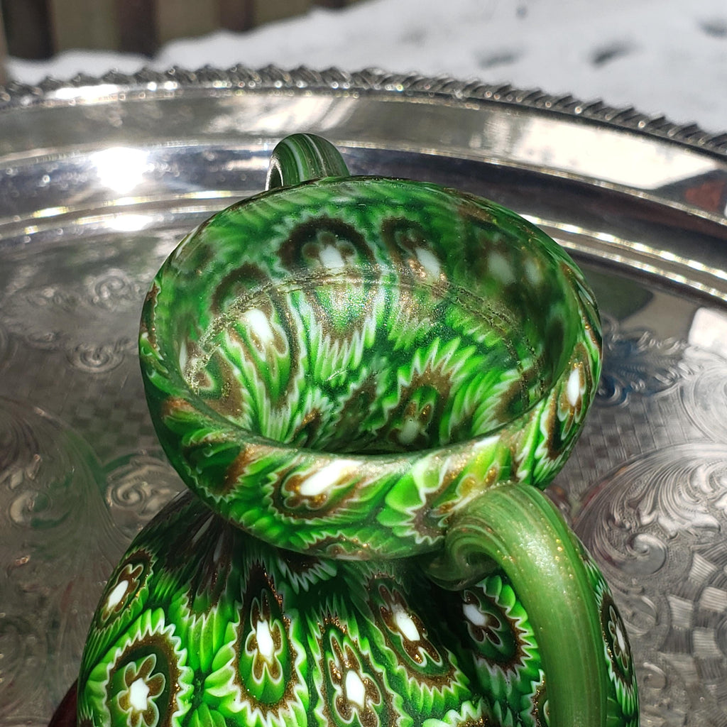 Murano Millefiori Glass Vase - Emerald Green Amphora with Handles