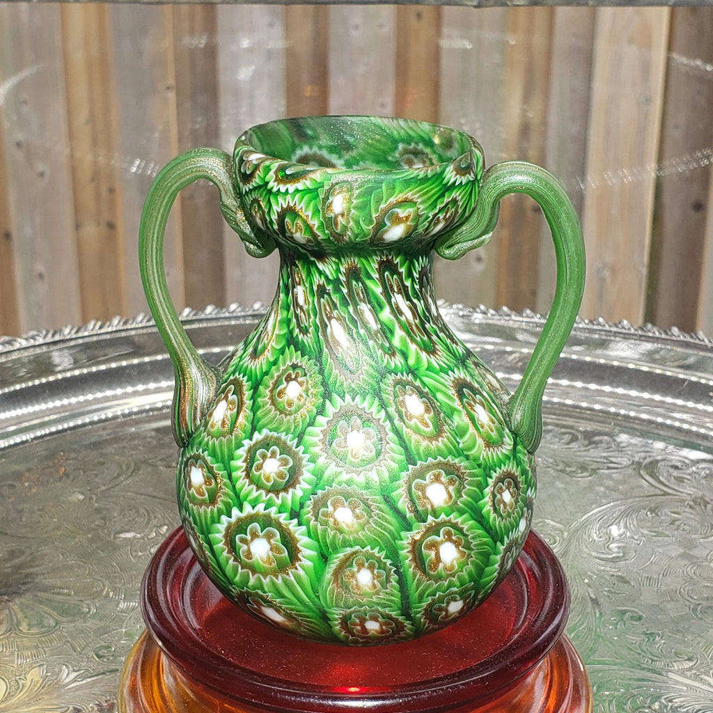 Murano Millefiori Glass Vase - Emerald Green Amphora with Handles
