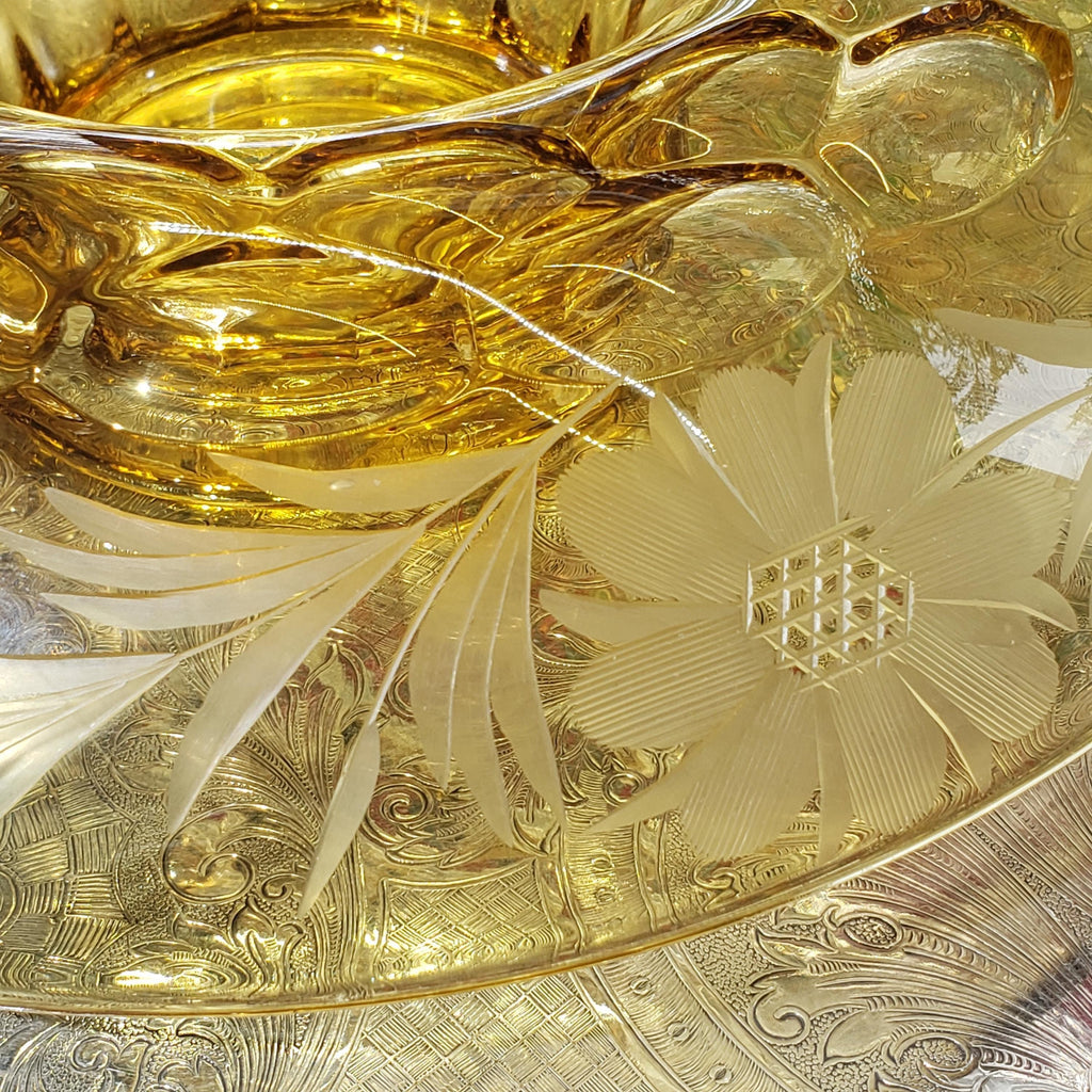 Amber Console Bowl - Hughes Cornflower Etched Honeycomb Glass