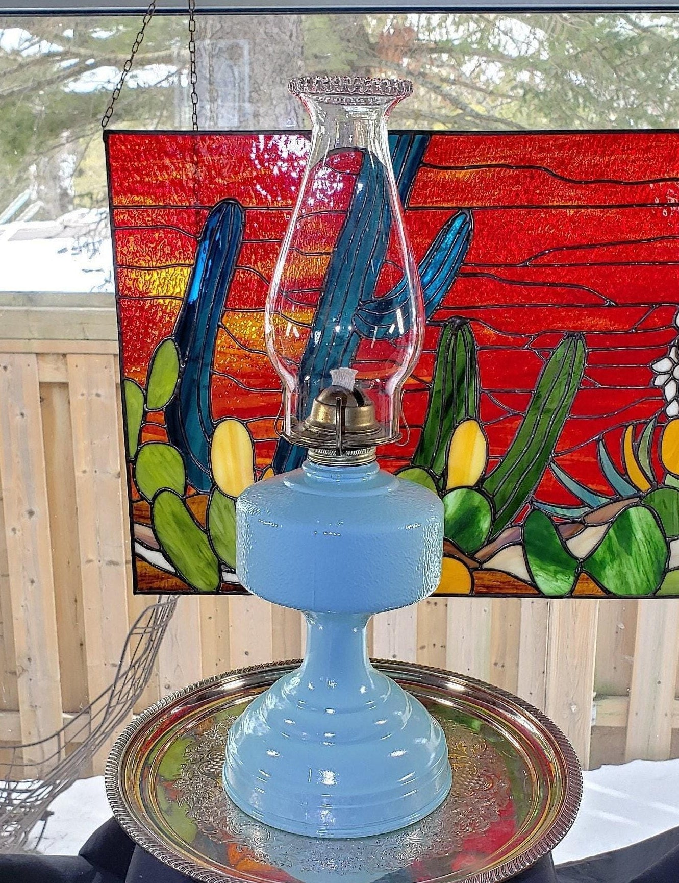 Glass Oil Lamp, Blue Ocean Breeze Painted (Mid-Century)