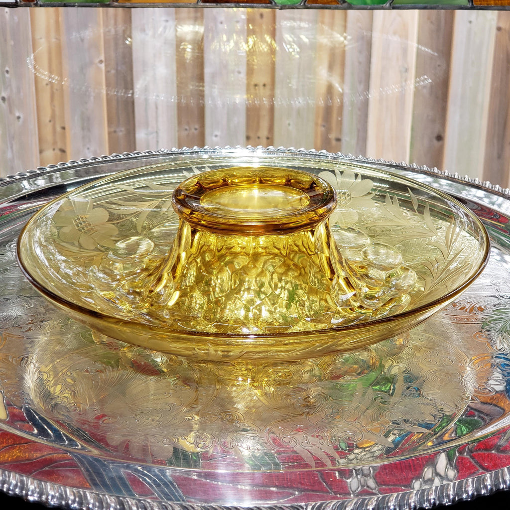 Amber Console Bowl - Hughes Cornflower Etched Honeycomb Glass