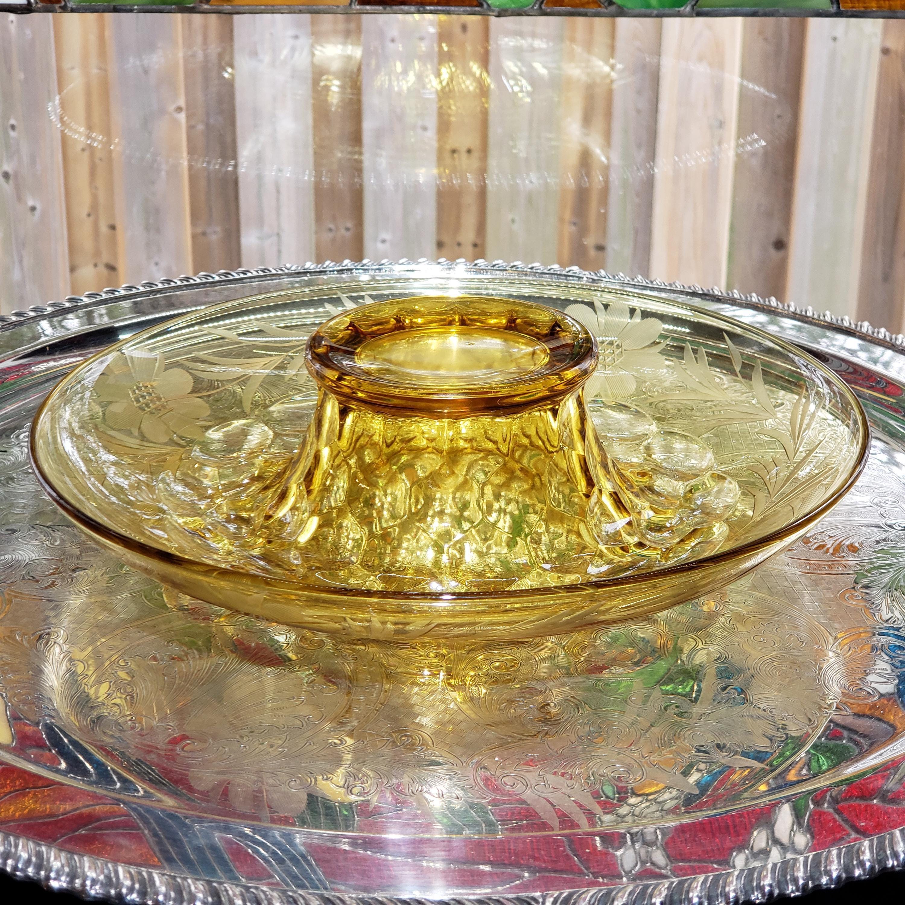 Amber Console Bowl - Hughes Cornflower Etched Honeycomb Glass