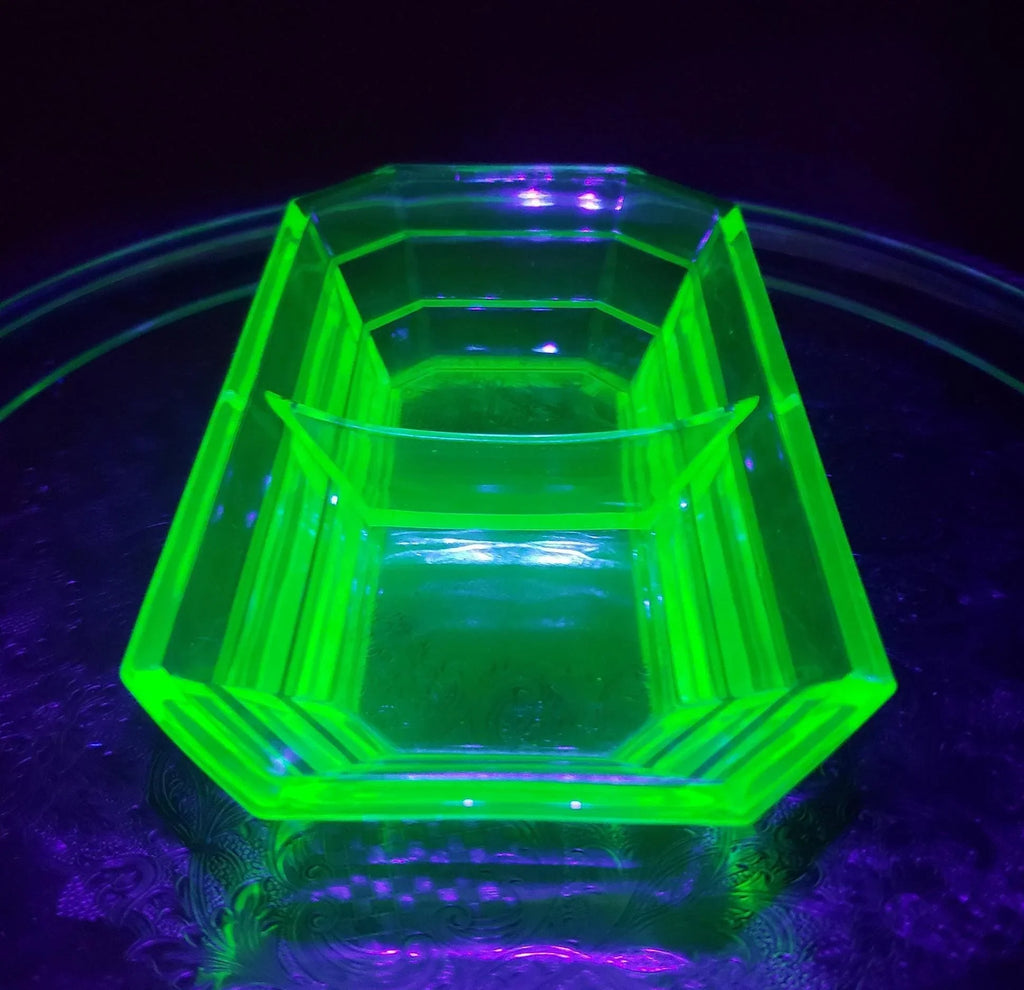Tea Room Pattern - Uranium Glass Divided Relish Tray - Indiana Glass 1926-1931
