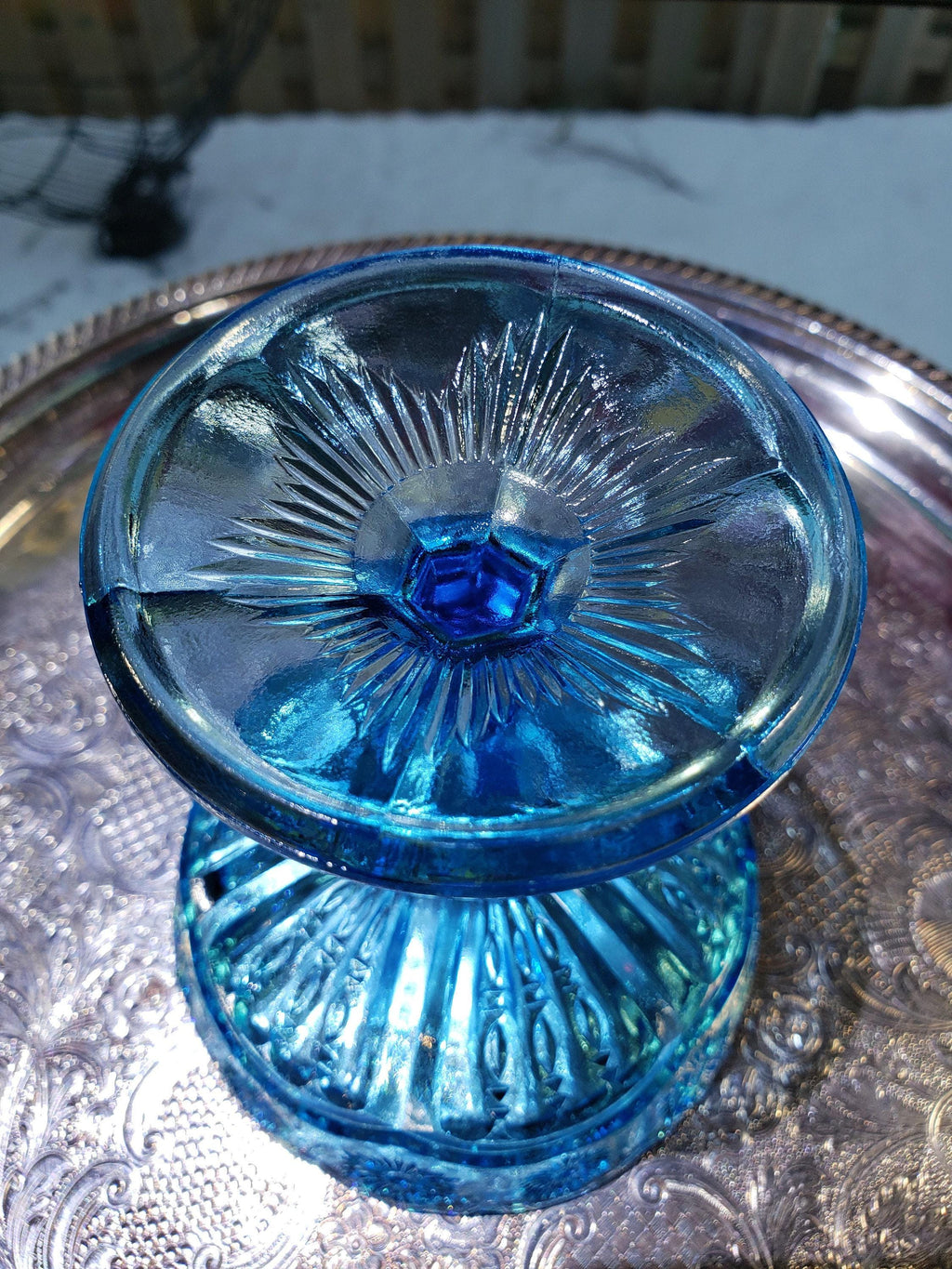 Blue Glass Comport: Floral Collectible Dish