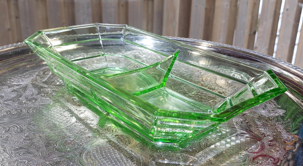 Tea Room Pattern - Uranium Glass Divided Relish Tray - Indiana Glass 1926-1931