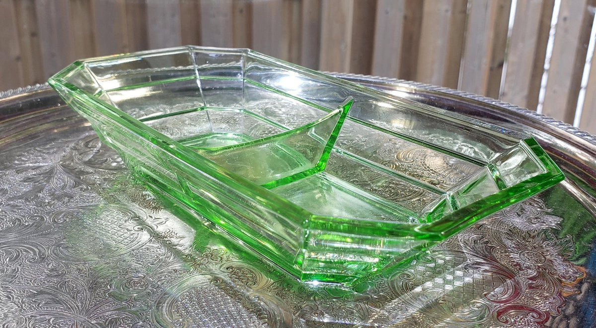 Tea Room Pattern - Uranium Glass Divided Relish Tray - Indiana Glass 1926-1931