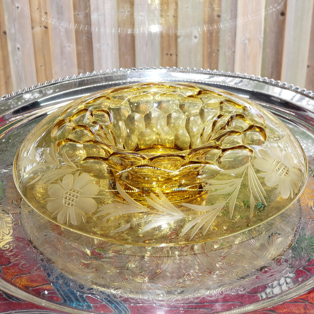 Amber Console Bowl - Hughes Cornflower Etched Honeycomb Glass