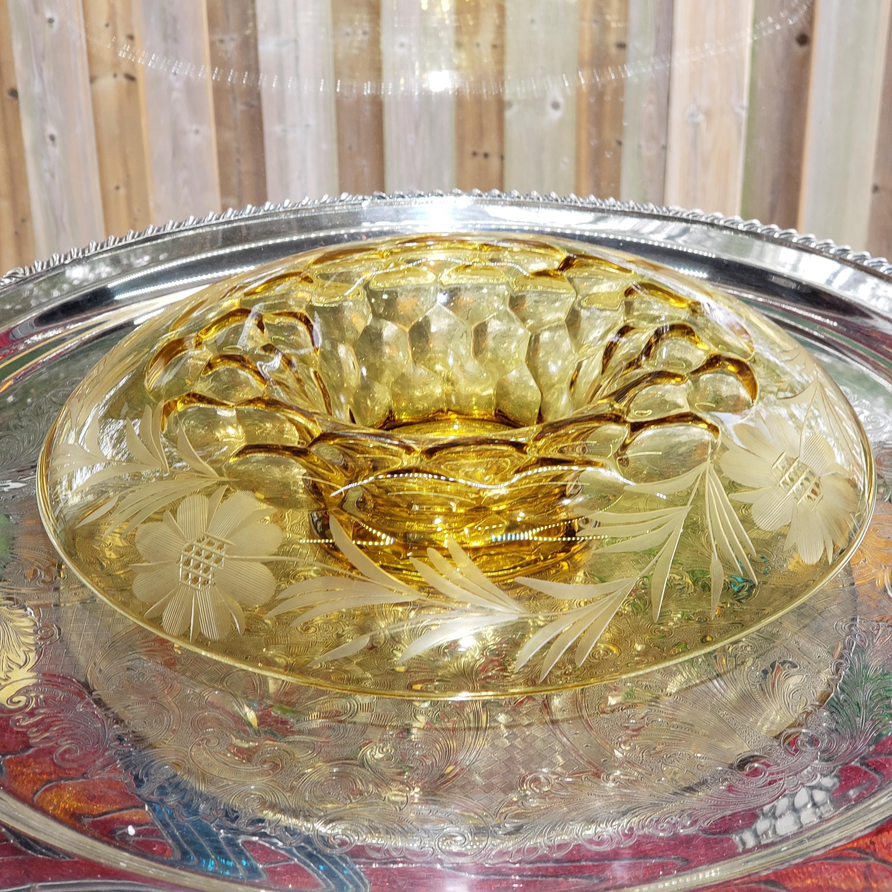 Amber Console Bowl - Hughes Cornflower Etched Honeycomb Glass