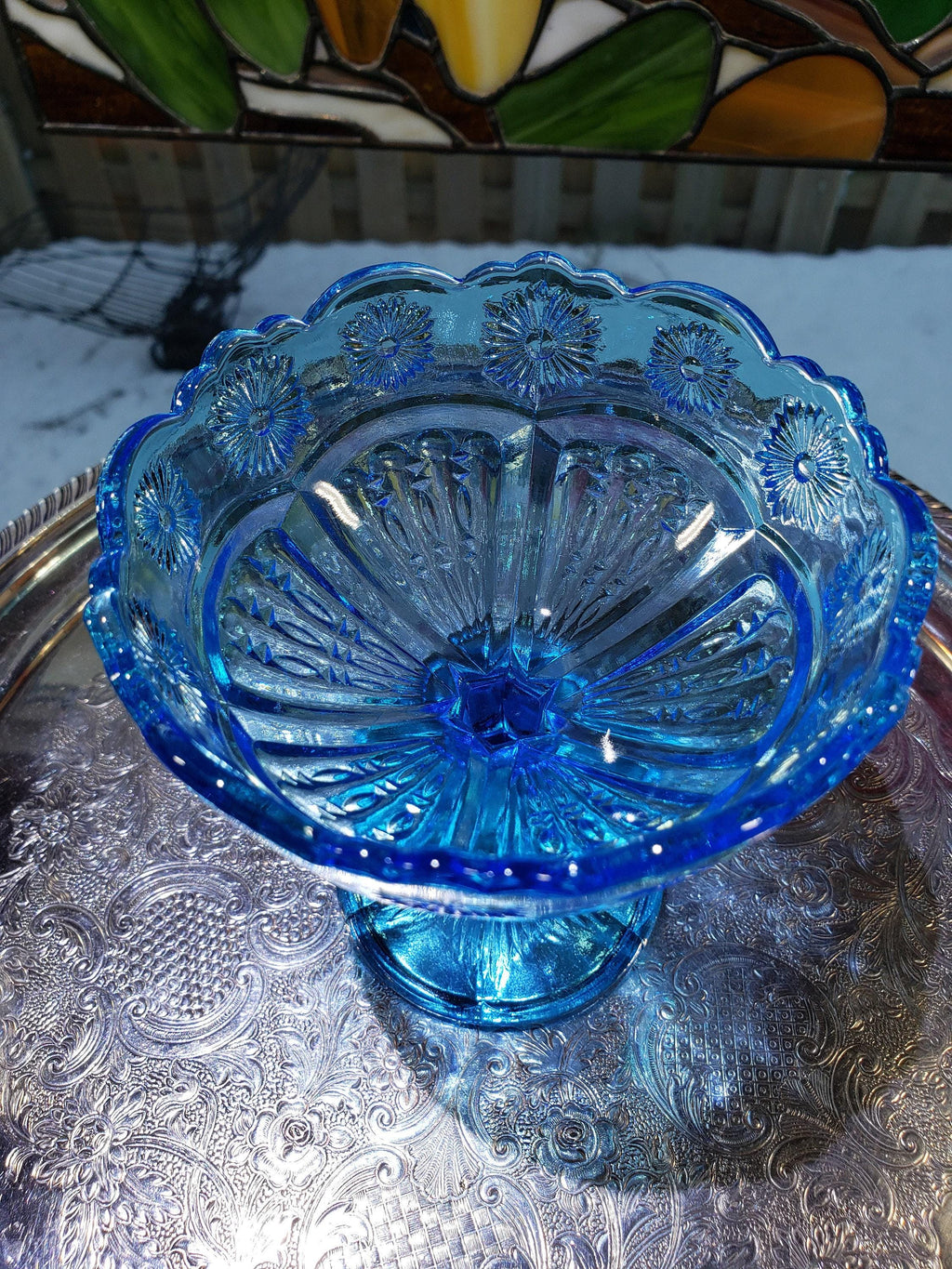 Blue Glass Comport: Floral Collectible Dish