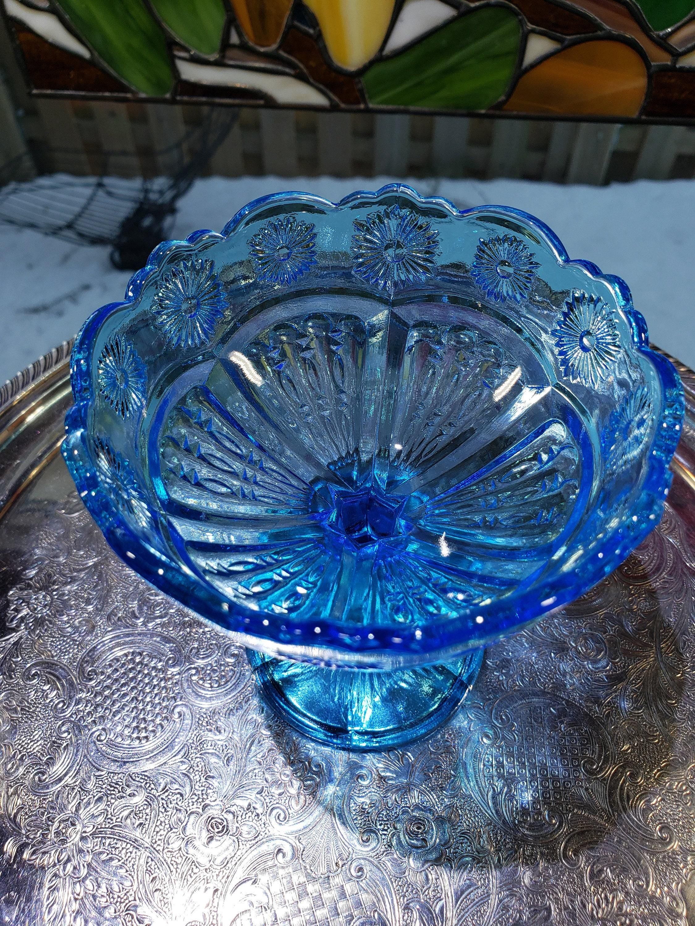 Blue Glass Comport: Floral Collectible Dish
