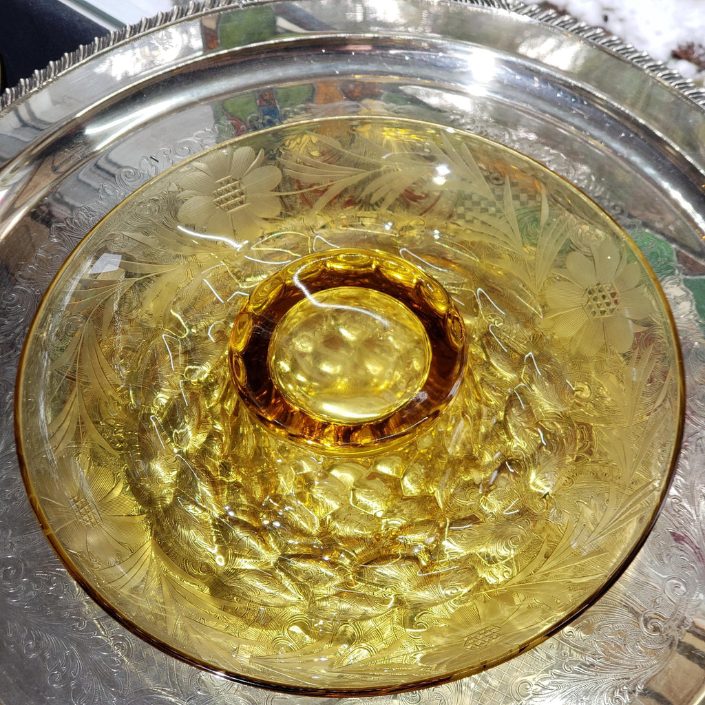 Amber Console Bowl - Hughes Cornflower Etched Honeycomb Glass