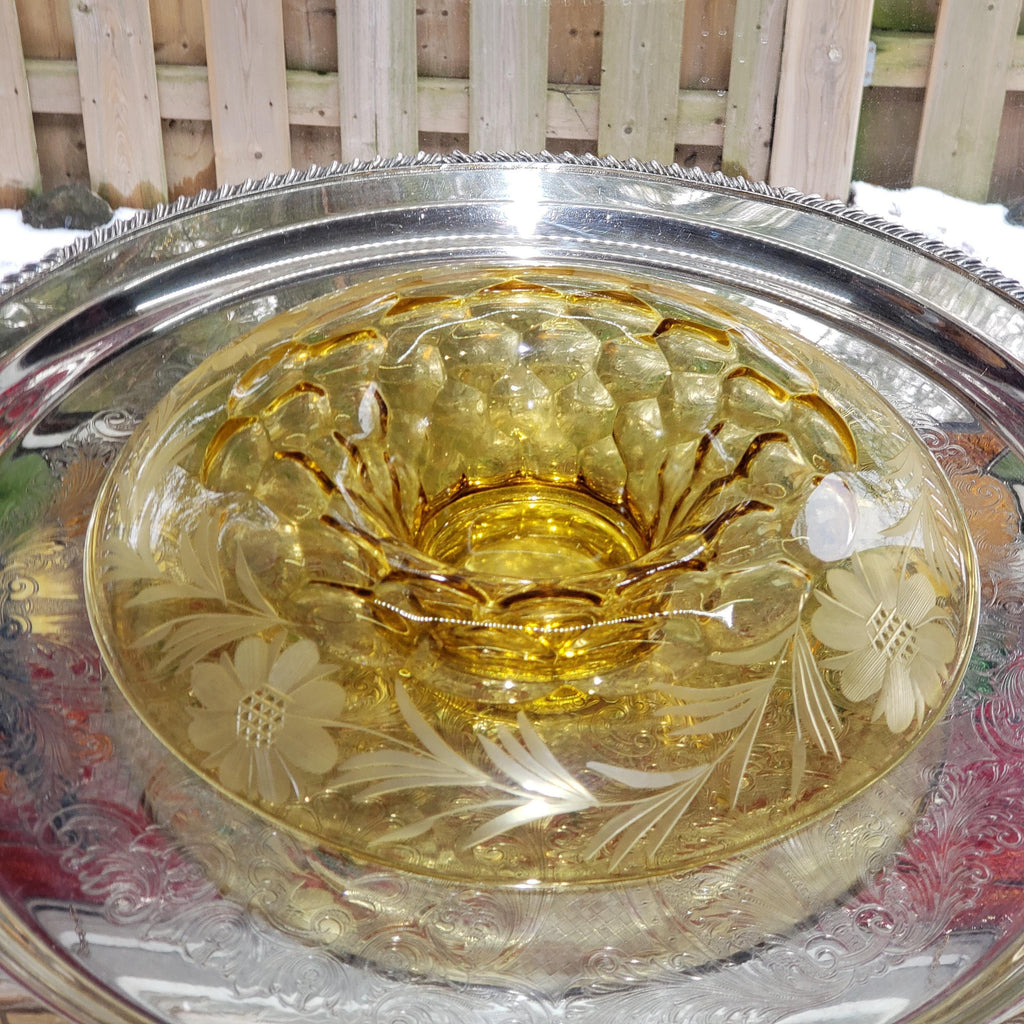 Amber Console Bowl - Hughes Cornflower Etched Honeycomb Glass