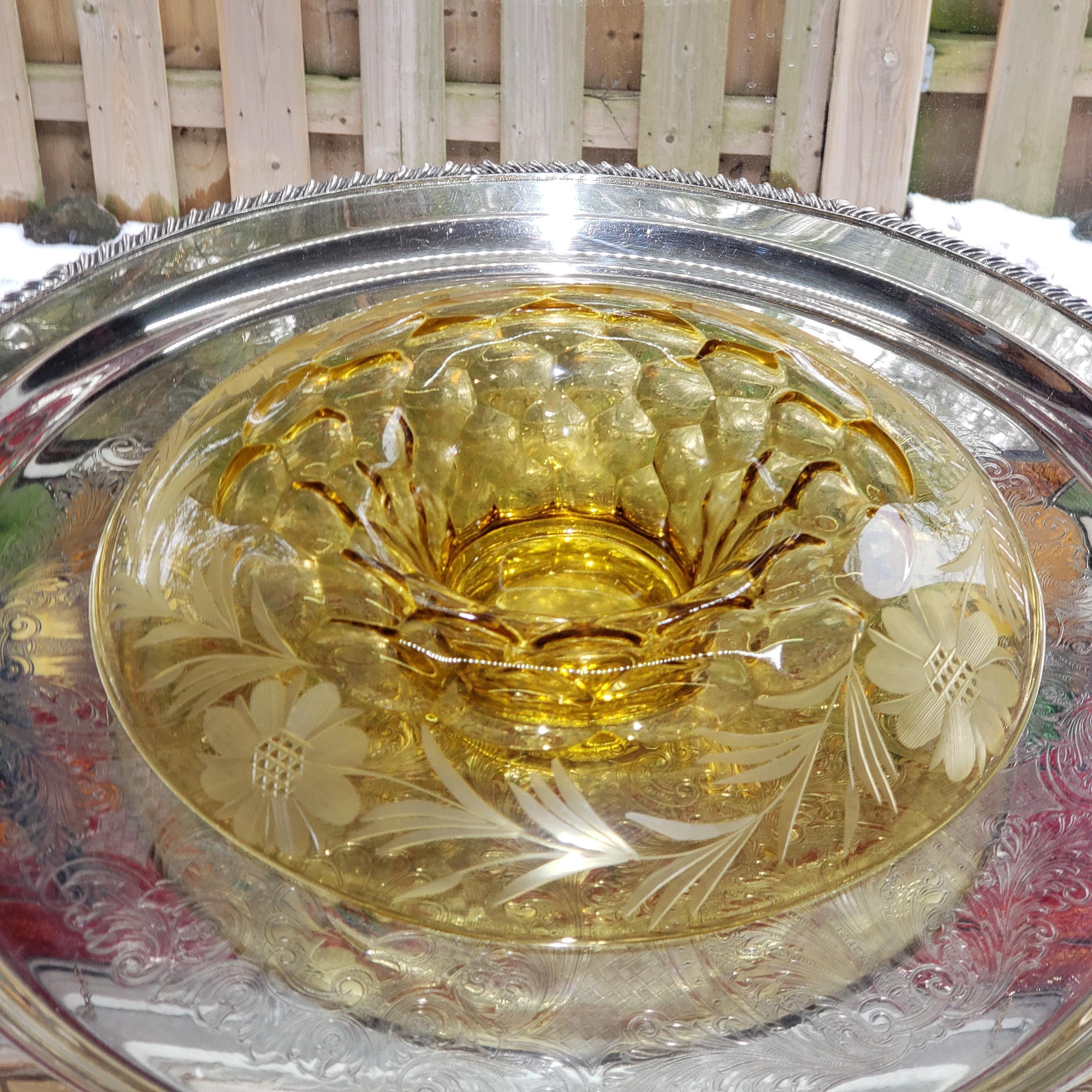 Amber Console Bowl - Hughes Cornflower Etched Honeycomb Glass