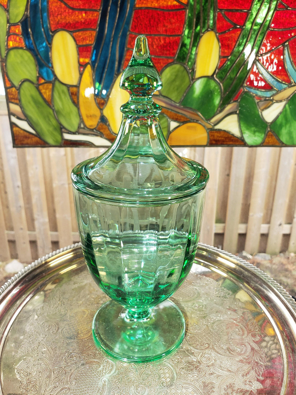 Green Glass Candy Jar: New Martinsville - Lidded 1900s Decor