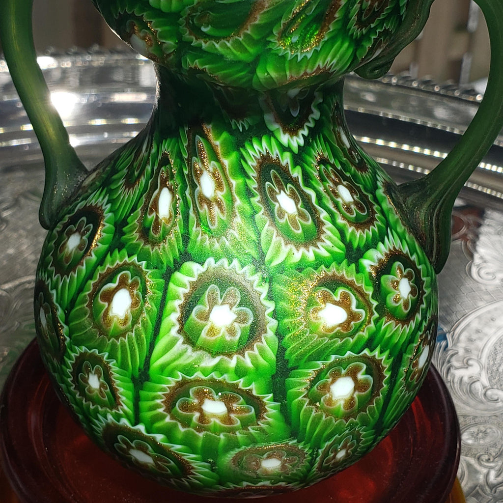Murano Millefiori Glass Vase - Emerald Green Amphora with Handles