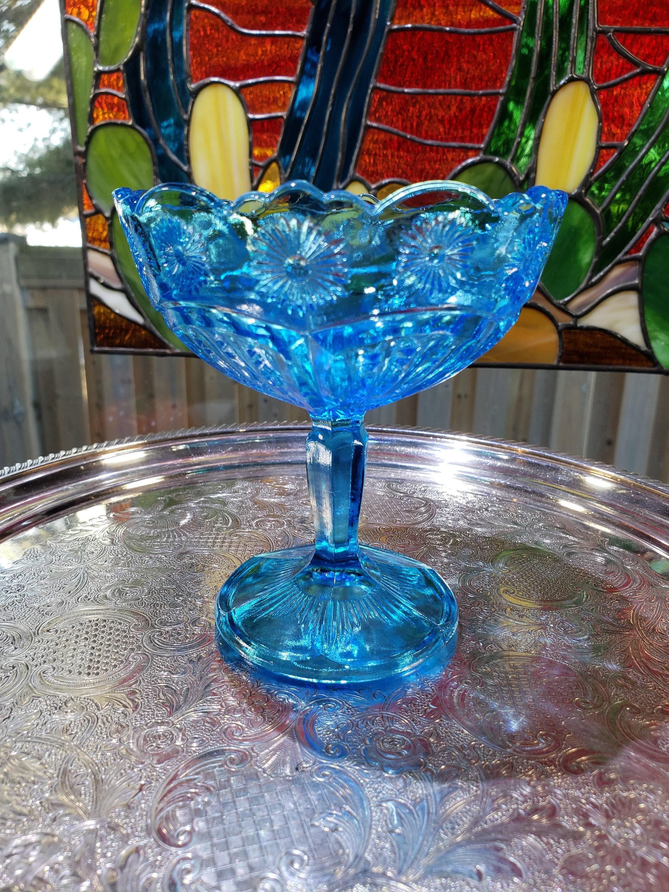 Blue Glass Comport: Floral Collectible Dish
