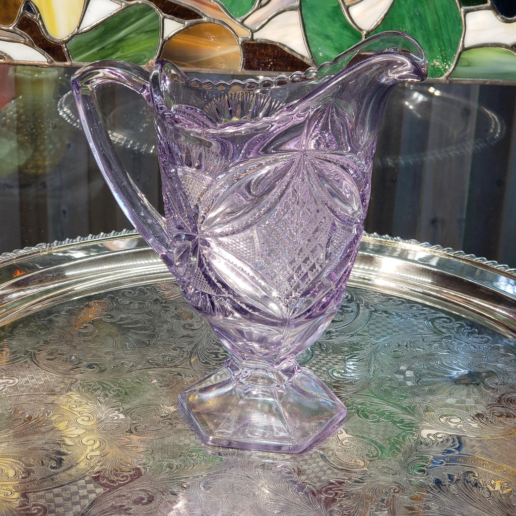 Purple Glass Pitcher - Pattee Cross Pattern, 9 Inch