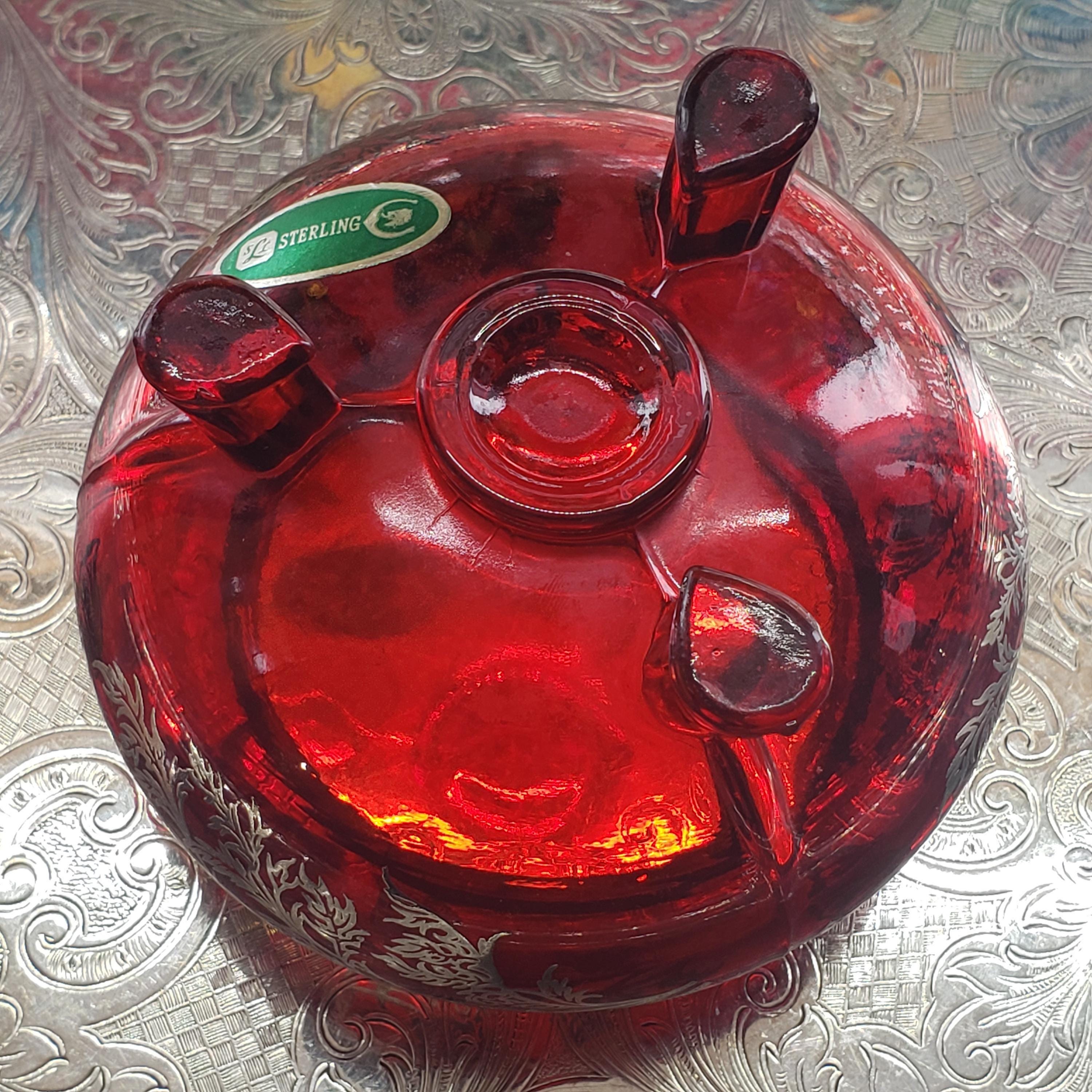 Ruby Red Viking Flowerlite Vase - Footed Bowl with Sterling Floral Design