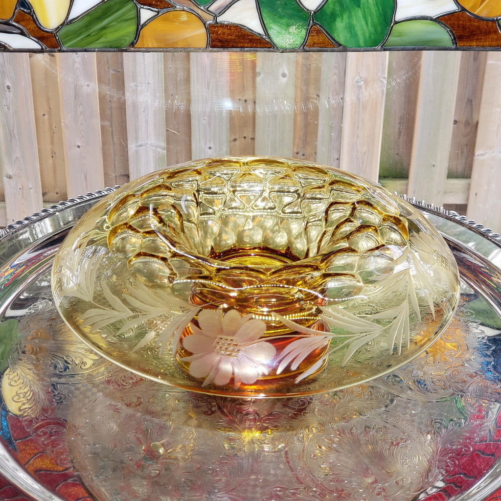 Amber Console Bowl - Hughes Cornflower Etched Honeycomb Glass