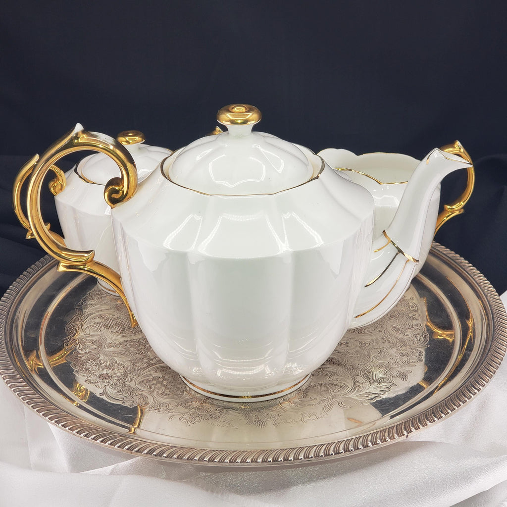 Vintage Royal Albert Teapot, White China Set With Gold Trim, 3pc.