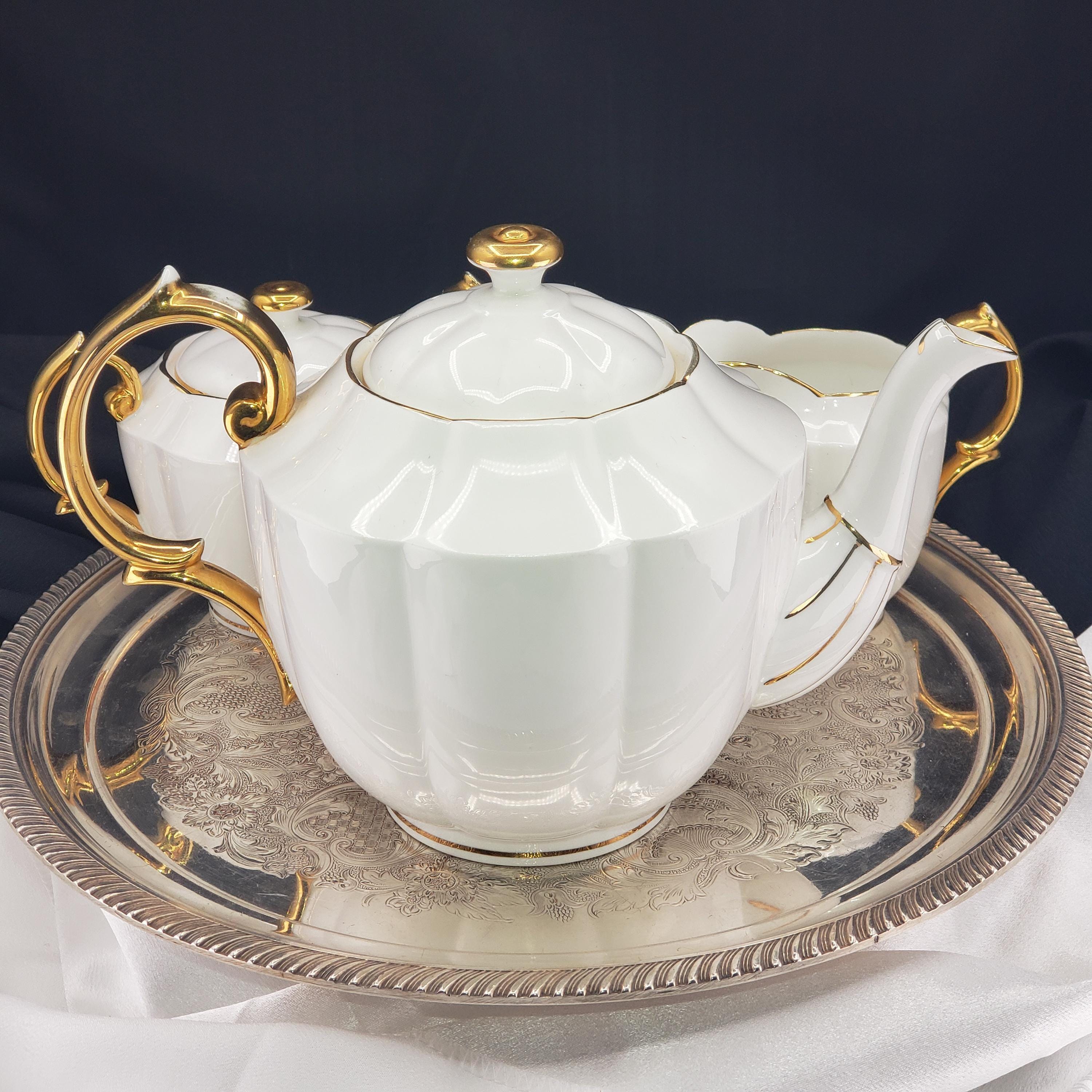 Vintage Royal Albert Teapot, White China Set With Gold Trim, 3pc.