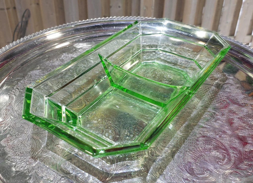 Tea Room Pattern - Uranium Glass Divided Relish Tray - Indiana Glass 1926-1931