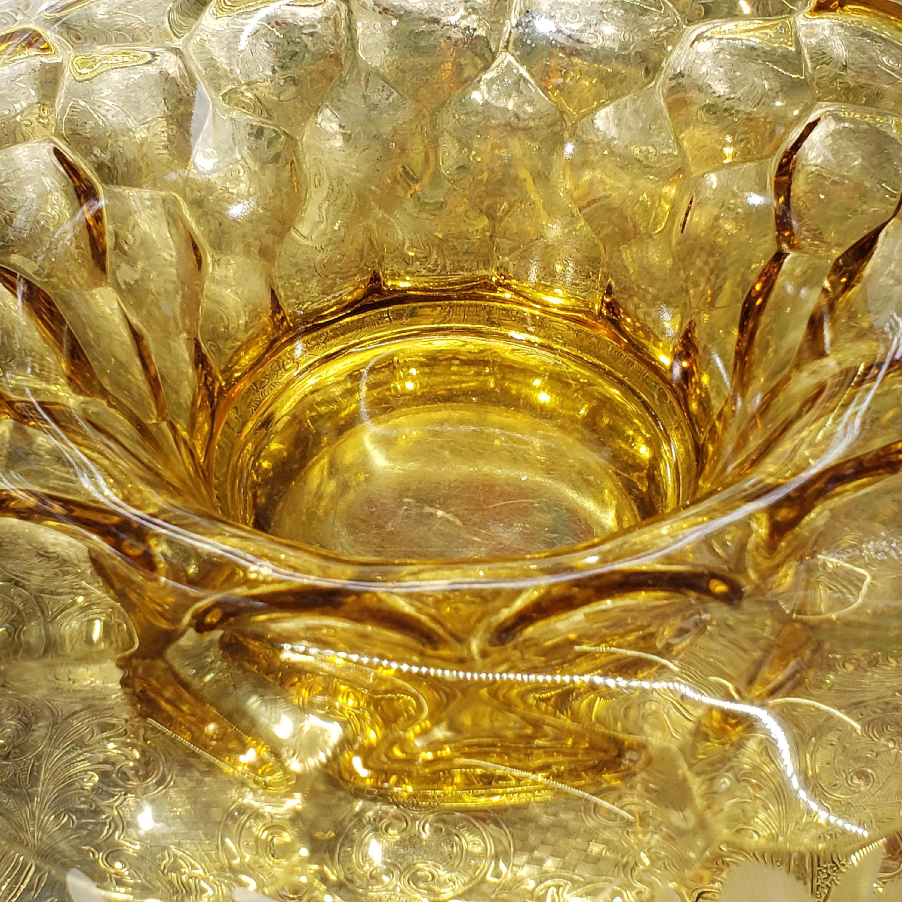 Amber Console Bowl - Hughes Cornflower Etched Honeycomb Glass
