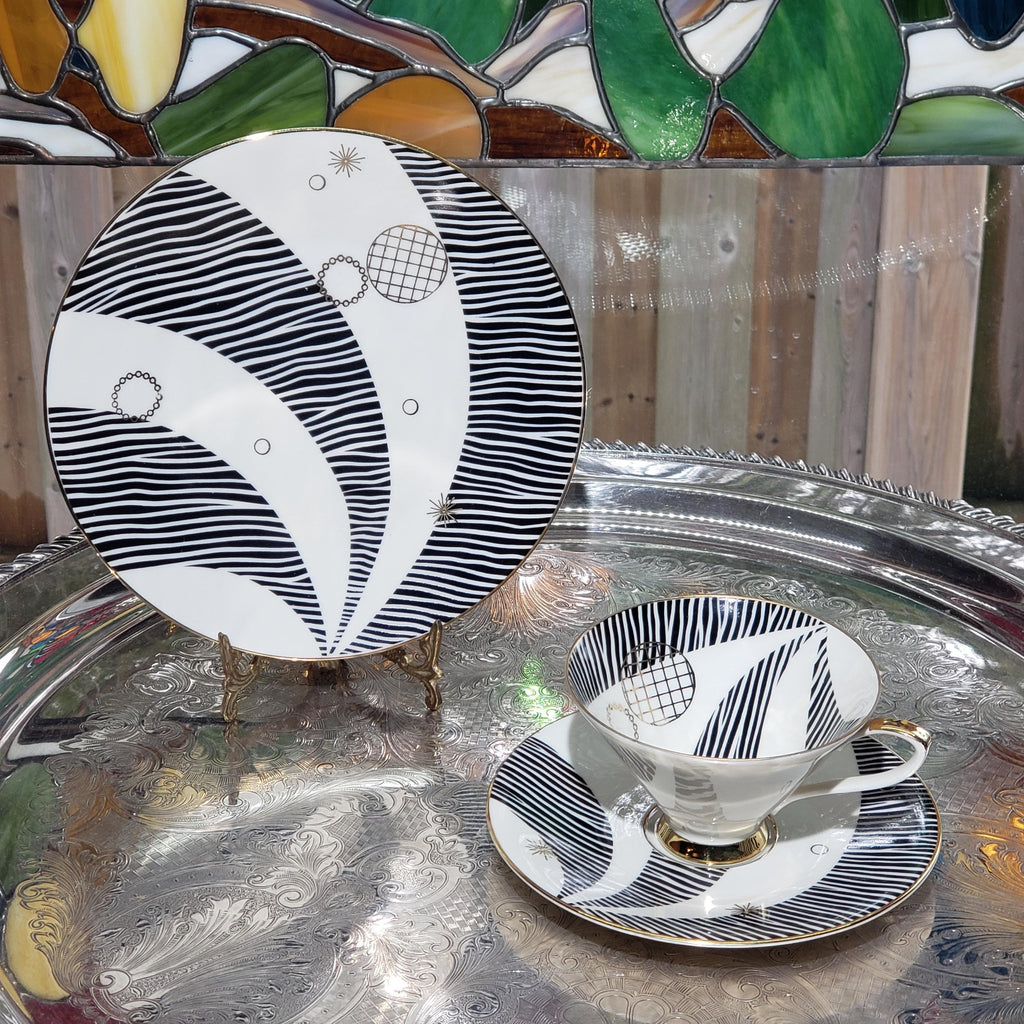 a decorative plate and a matching teacup, both with black and white striped designs, placed on a reflective surface.