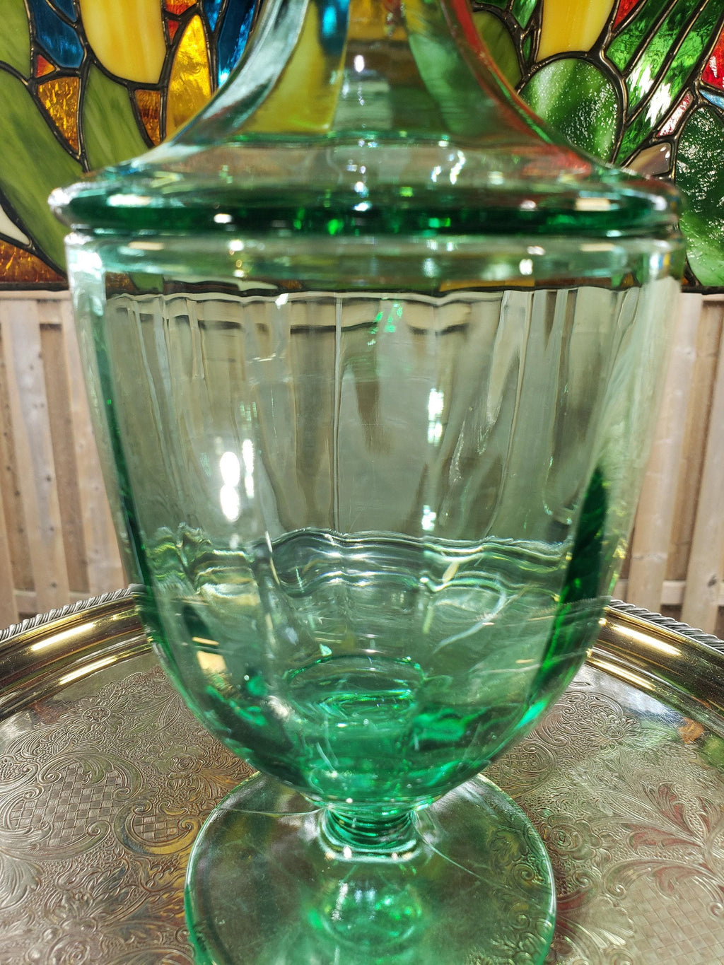 Green Glass Candy Jar: New Martinsville - Lidded 1900s Decor