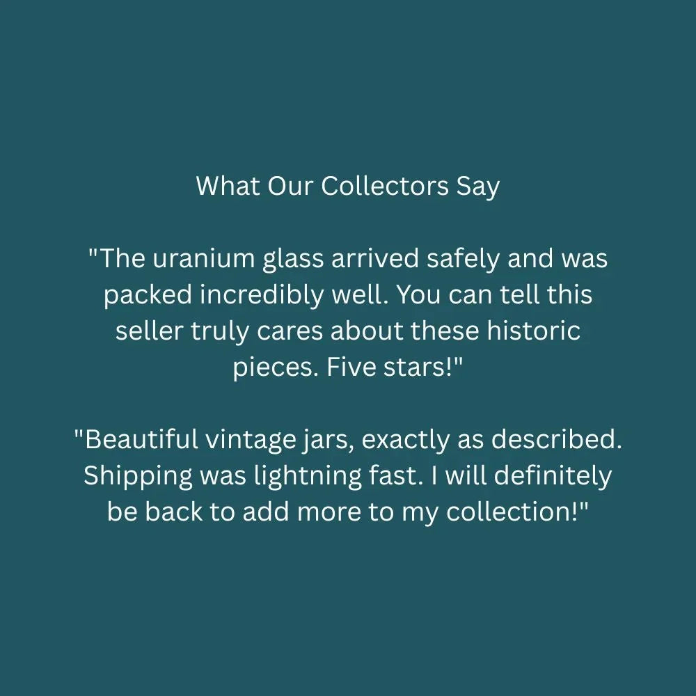 Customer reviews highlighting quality uranium glass and vintage jars collection.