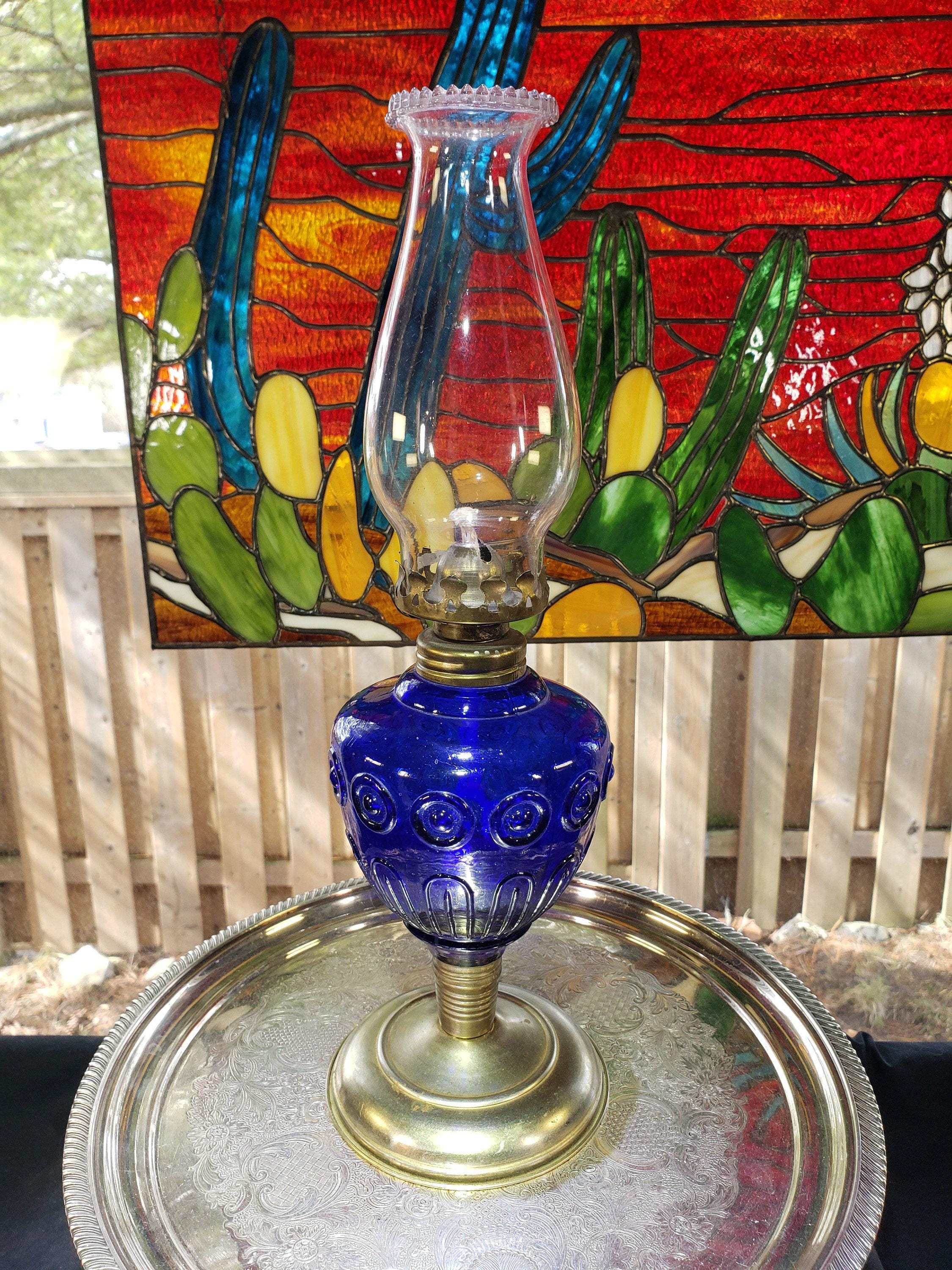 Cobalt Blue Oil Lamp - Bulls Eye Glass with Pie Crust Chimney