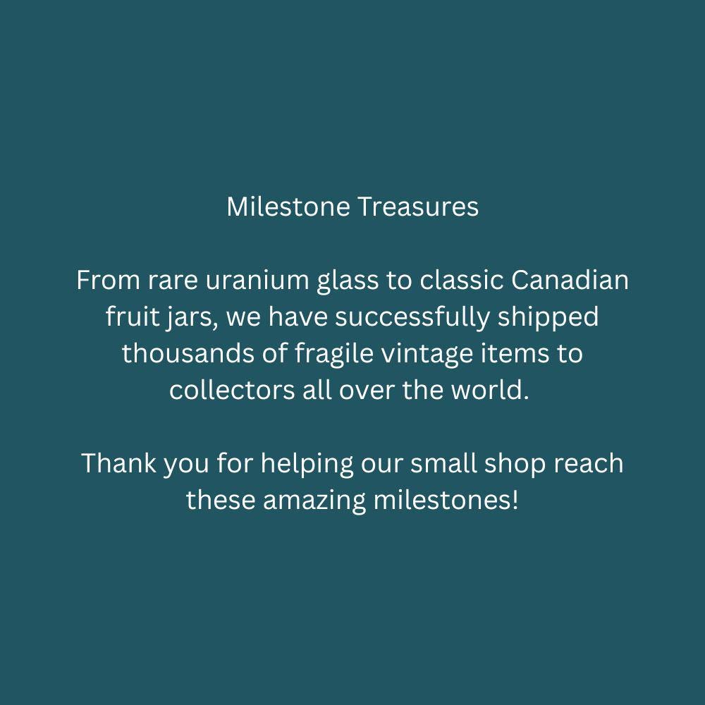 The image is a message from a small shop, expressing gratitude for the help in reaching milestones, and it is a milestone message from the shop to the collectors. The message is about shipping thousands of fragile vintage items to collectors all over the world using rare Uranium glass.