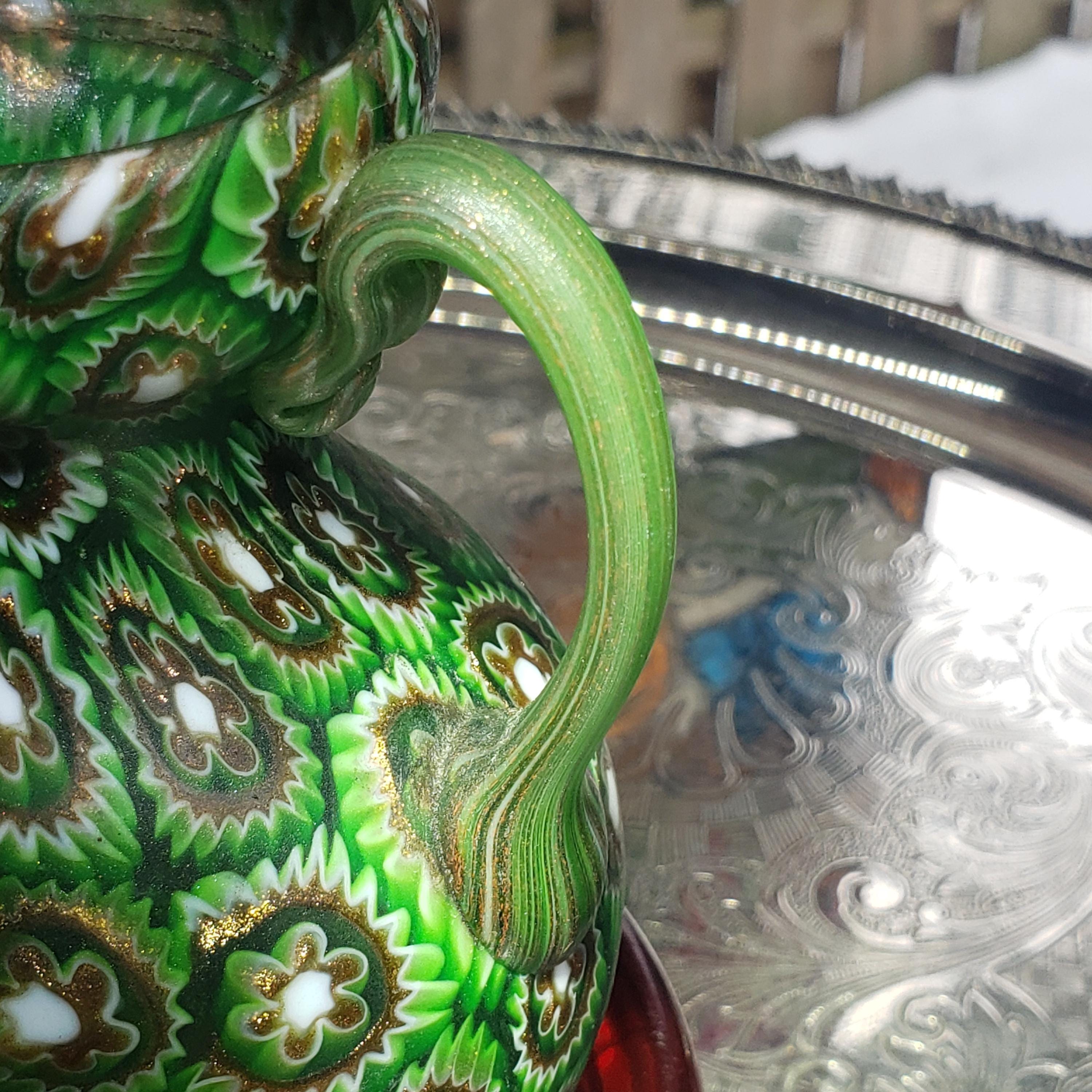 Murano Millefiori Glass Vase - Emerald Green Amphora with Handles