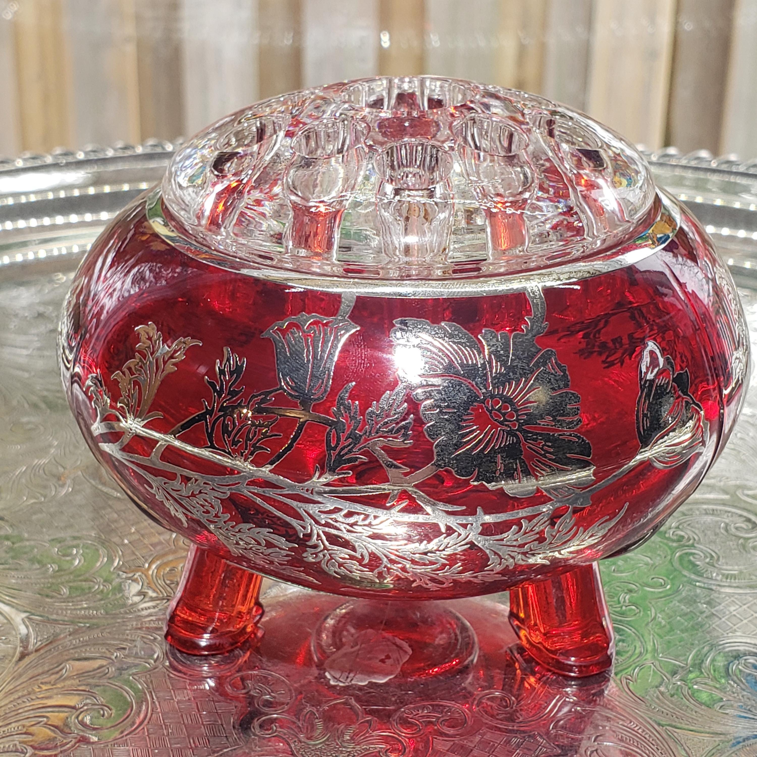 Ruby Red Viking Flowerlite Vase - Footed Bowl with Sterling Floral Design