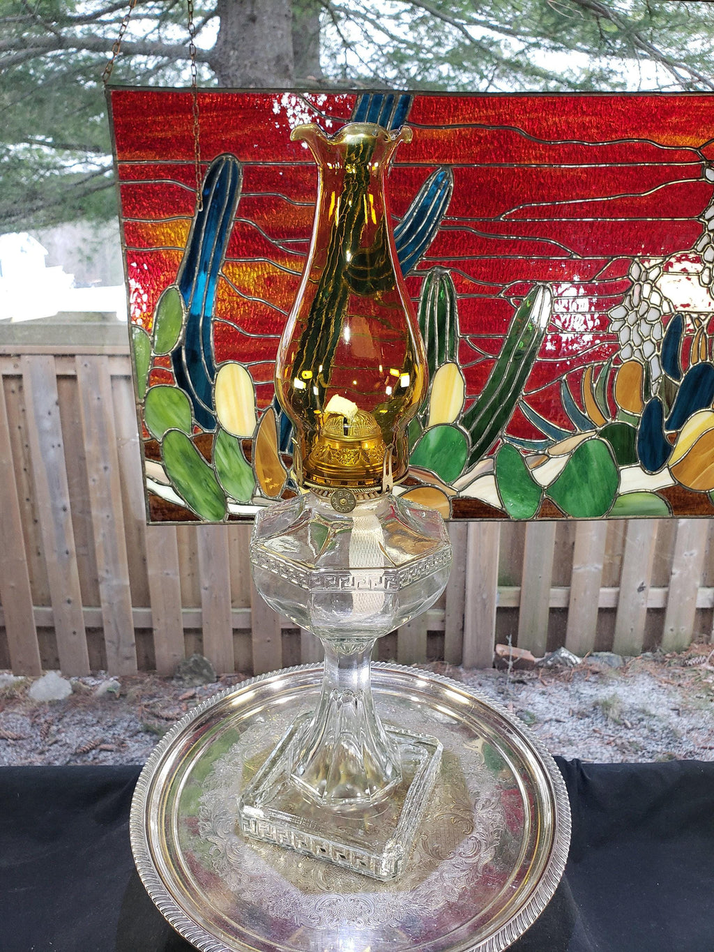 Greek Key Oil Lamp, Amber Glass Chimney (Circa 1900)