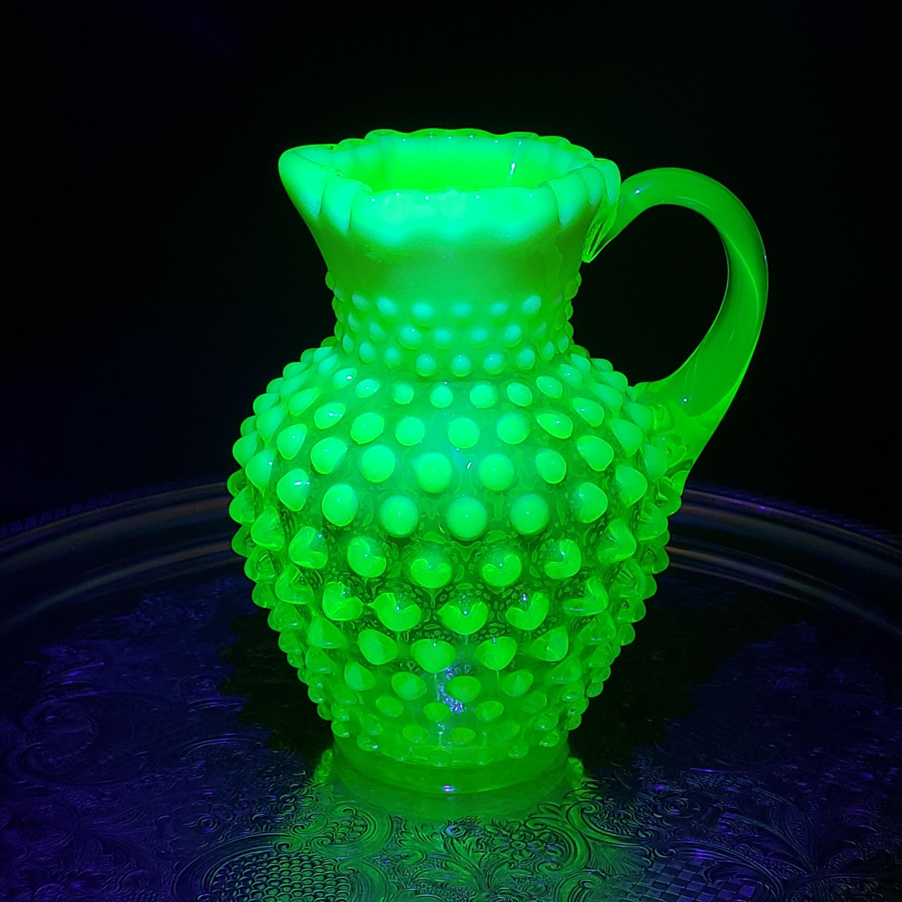 Uranium Glass Fenton Hobnail Syrup Jug - Topaz Opalescent Glass