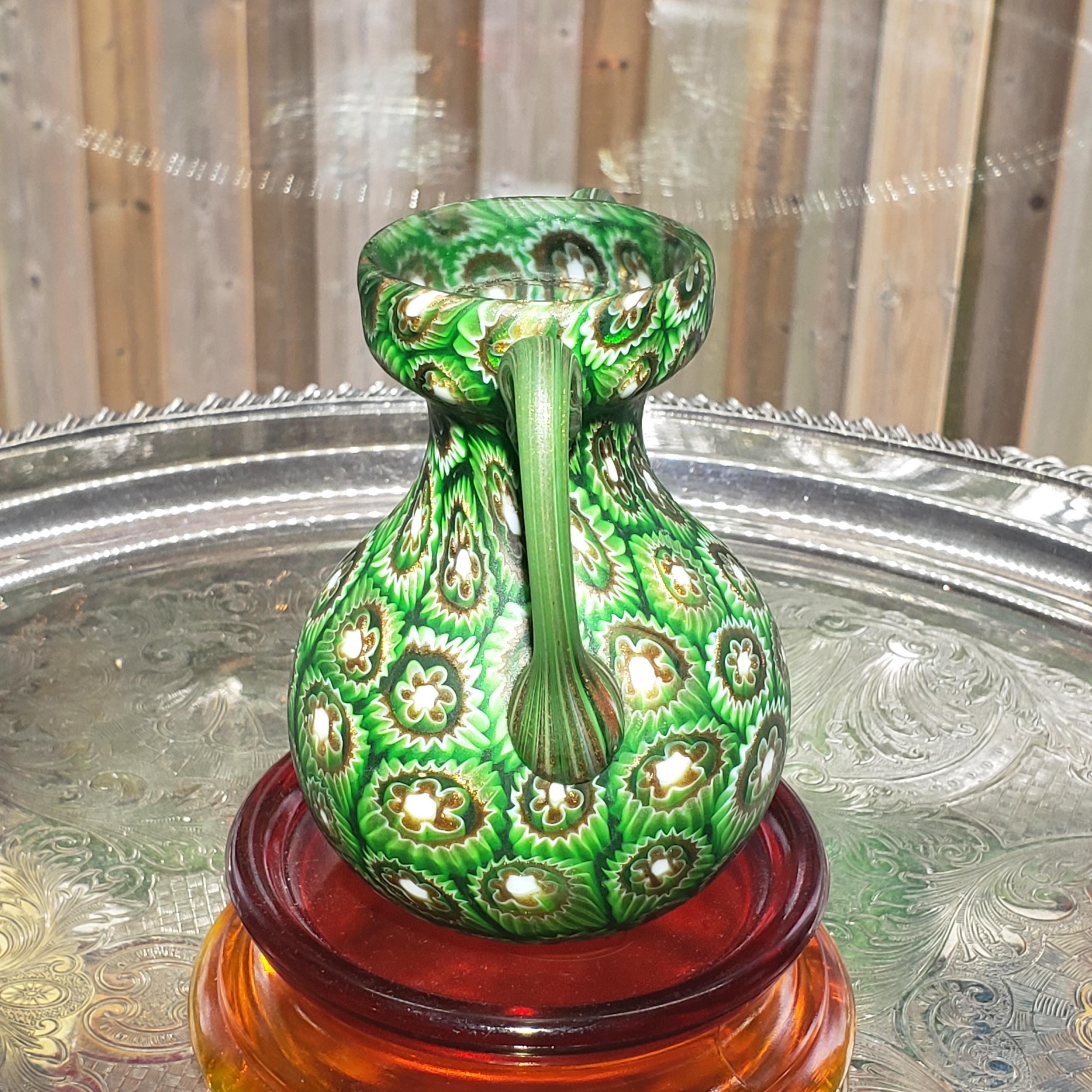 Murano Millefiori Glass Vase - Emerald Green Amphora with Handles