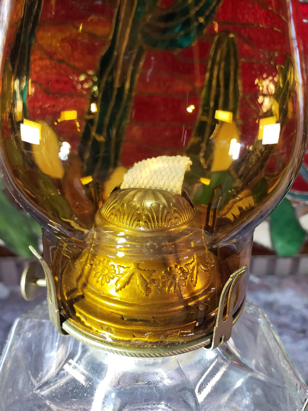 Greek Key Oil Lamp, Amber Glass Chimney (Circa 1900)